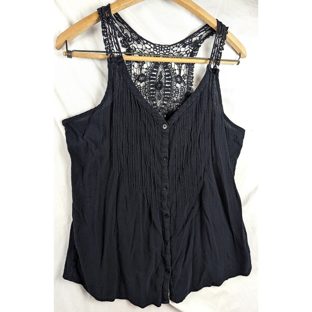 Great Northwest Indigo Black Crinkle Gauze Crochet Lace Racerback Tank Top Small